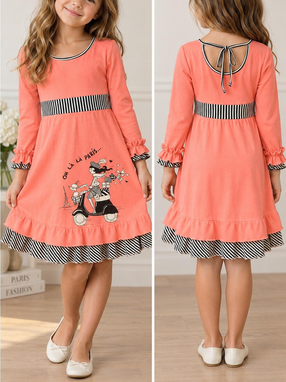 Girls' French boutique Coral Ruffle Dress with Black & White Stripe Trim